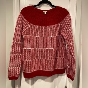 Talbots Size M red White Cotton Blend Waffle Cable Knit Crew Neck Sweater